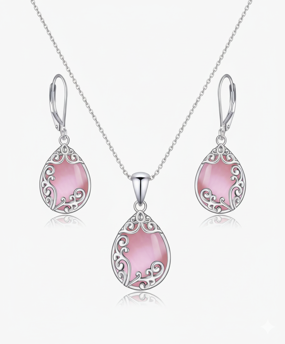 Real Crystal Rose Quarts Elegant Necklace Set